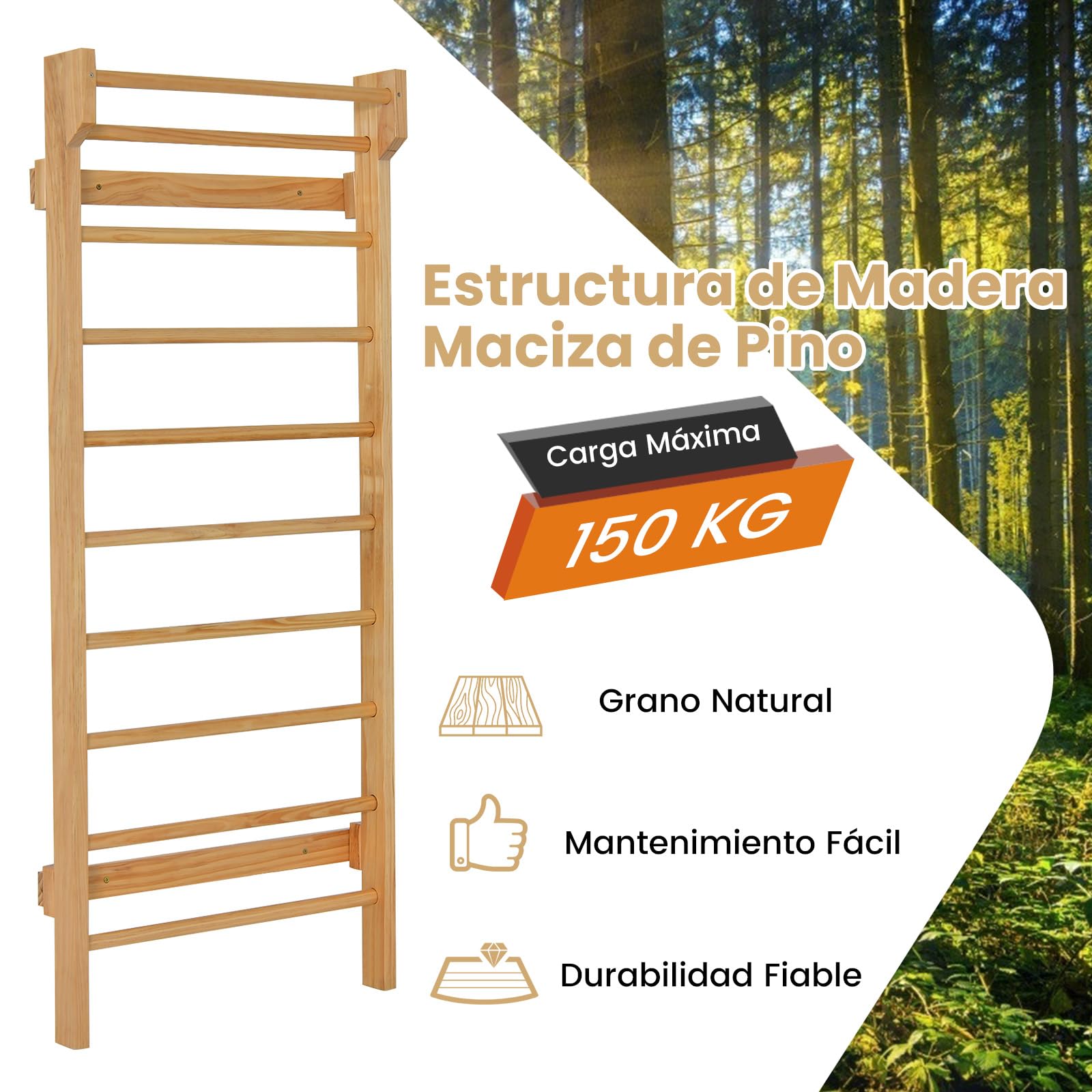 GOPLUS Espaldera Gimnasio de Madera de Pino, Pared de Escalada para Habitaciones Infantiles, Escalera Sueca Barras de Pared para Adultos y Niños, 195 x 80 x 14 cm, Carga 100 kg