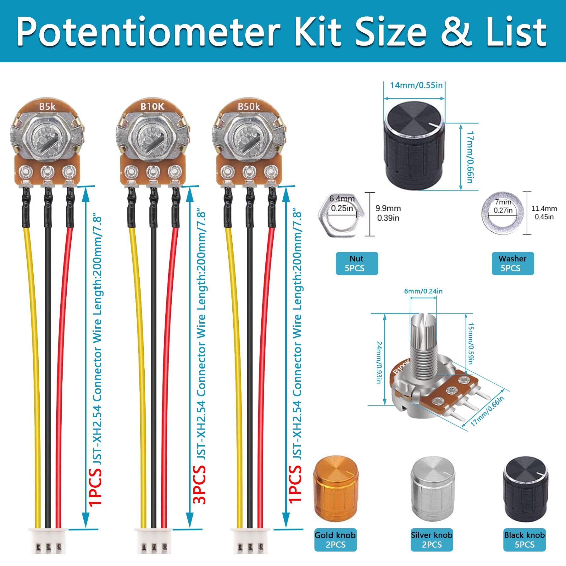 60PCS B5K 10K 20K 50K 100K Ohm Knurled Shaft Linear Rotary Taper Potentiometer with Knob(WH148