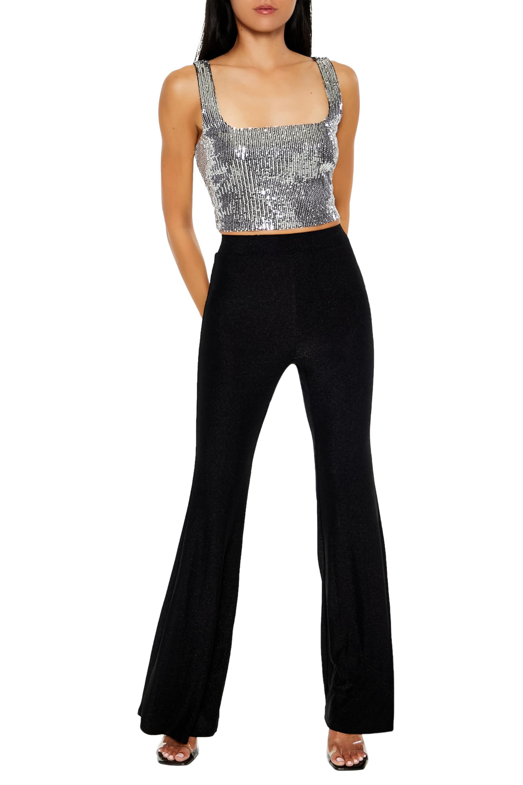 Forever 21 Women's Glitter High-Rise Flare Pants