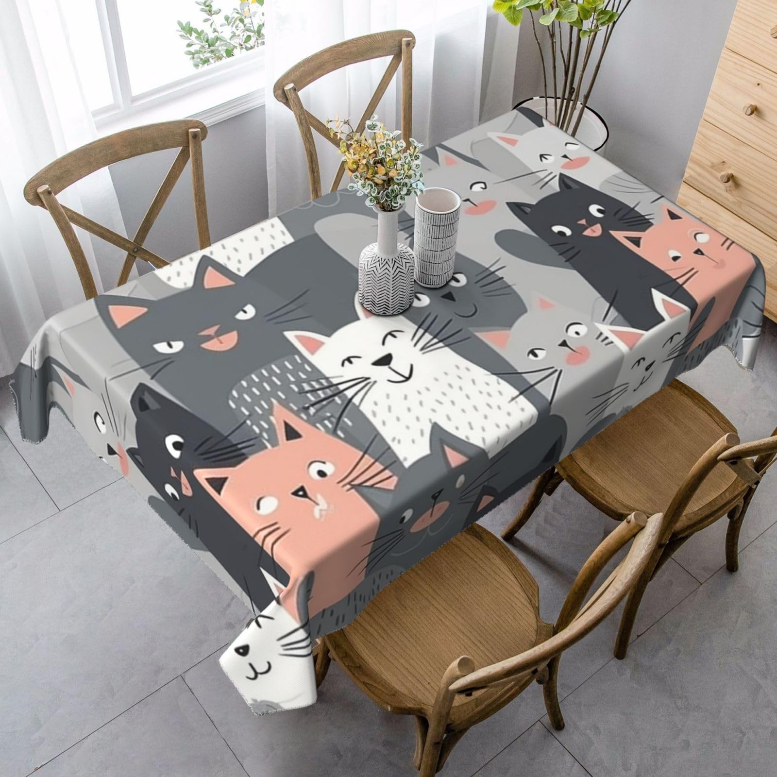 LPSRTWE Cute Funny Grey Cats Pattern Rectangle Tablecloths Heavy Duty Table Cloth Waterproof Spill-Proof Decorative Fabric Table Cover Wrinkle Free Dining Tablecloth for Kitchen Party 55" X 35"