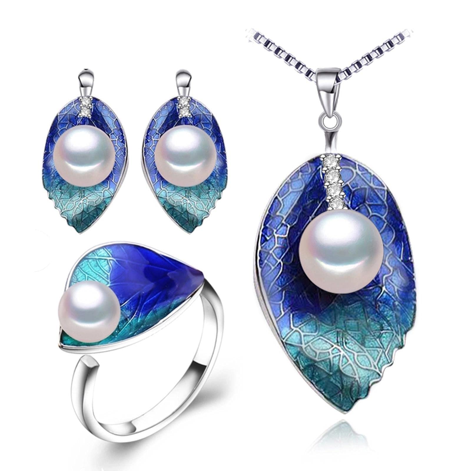 LOKILOKI LOKILOKI Conjuntos De Joyas De Perlas Pendientes De Plata De Ley 925, Collar De Hojas De Perlas Naturales para Mujer Conjunto De Anillos De Pendientes De Cloisonné