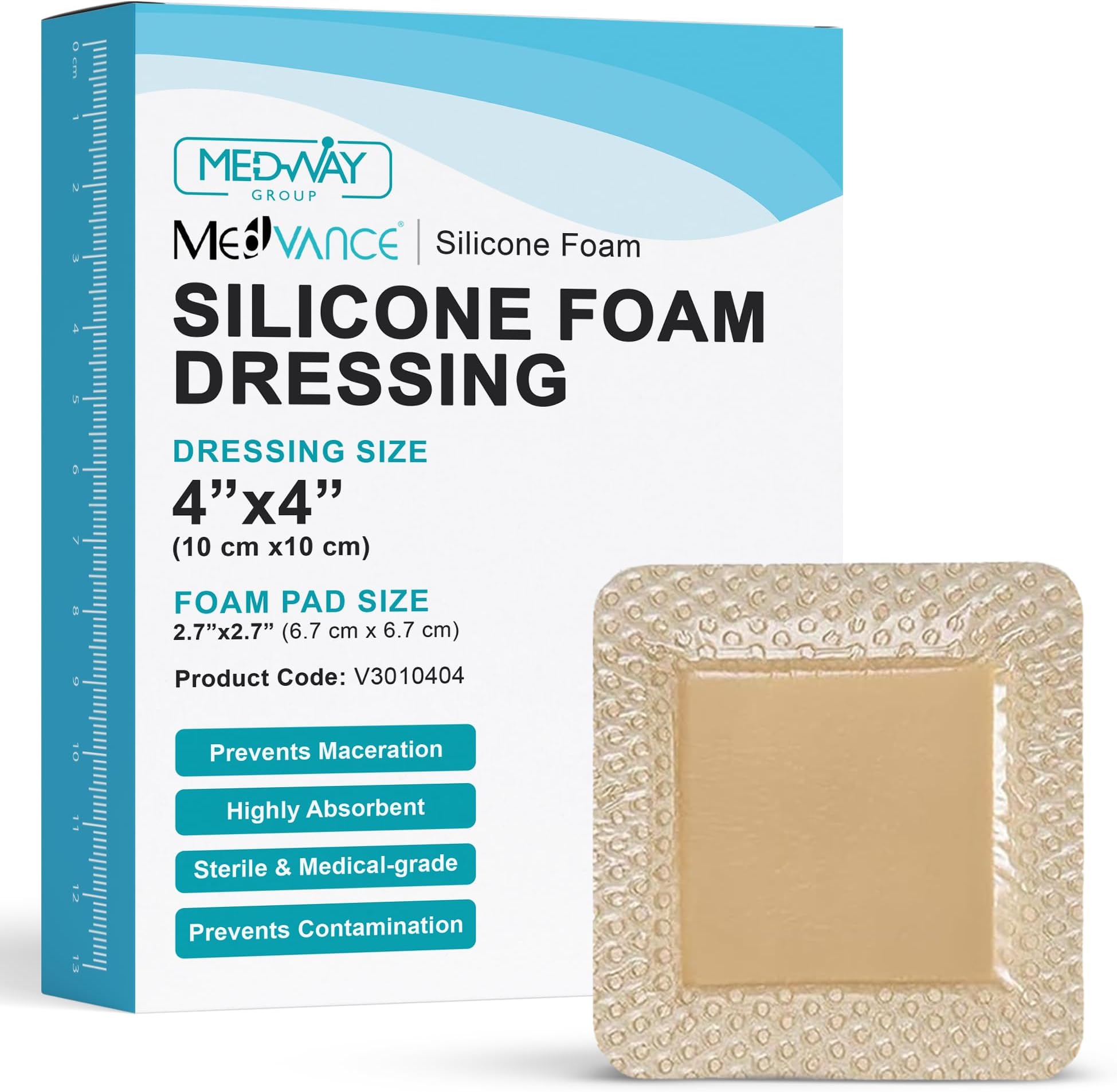 MedVance 10 Pack 4"x4" Silicone Foam Dressing Bordered Dressing, Waterproof Silicone Bandages for Wounds Care, Bed Sore Patches, Super Absorbent Wound Dressing, Self Adhesive Pressure Sore Pads