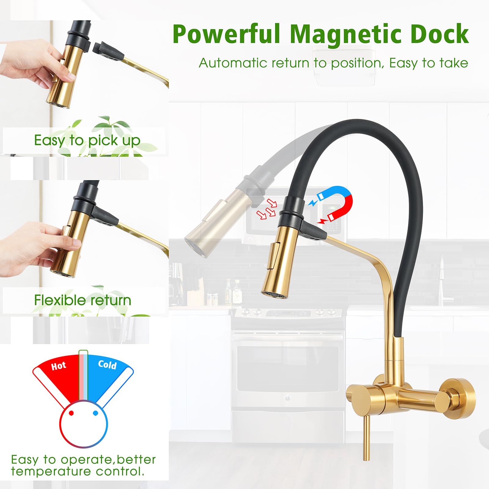 Grifo de montaje en pared con pulverizador lateral, acoplamiento magnético, manguera de silicona flexible, grifos de cocina de acero inoxidable para grifo de utilidad comercial (W-118-TD,