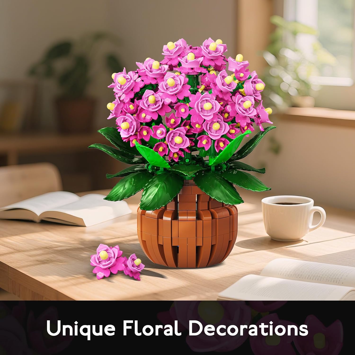 HOGOKIDS Flowers Botanical Kalanchoe Bonsai Building Set - 901PCS Artificial Potted Plants Easter Gift for Her Wife Girlfriend Adult Kids, Pink Flower Building Blocks Display for Home Office Décor
