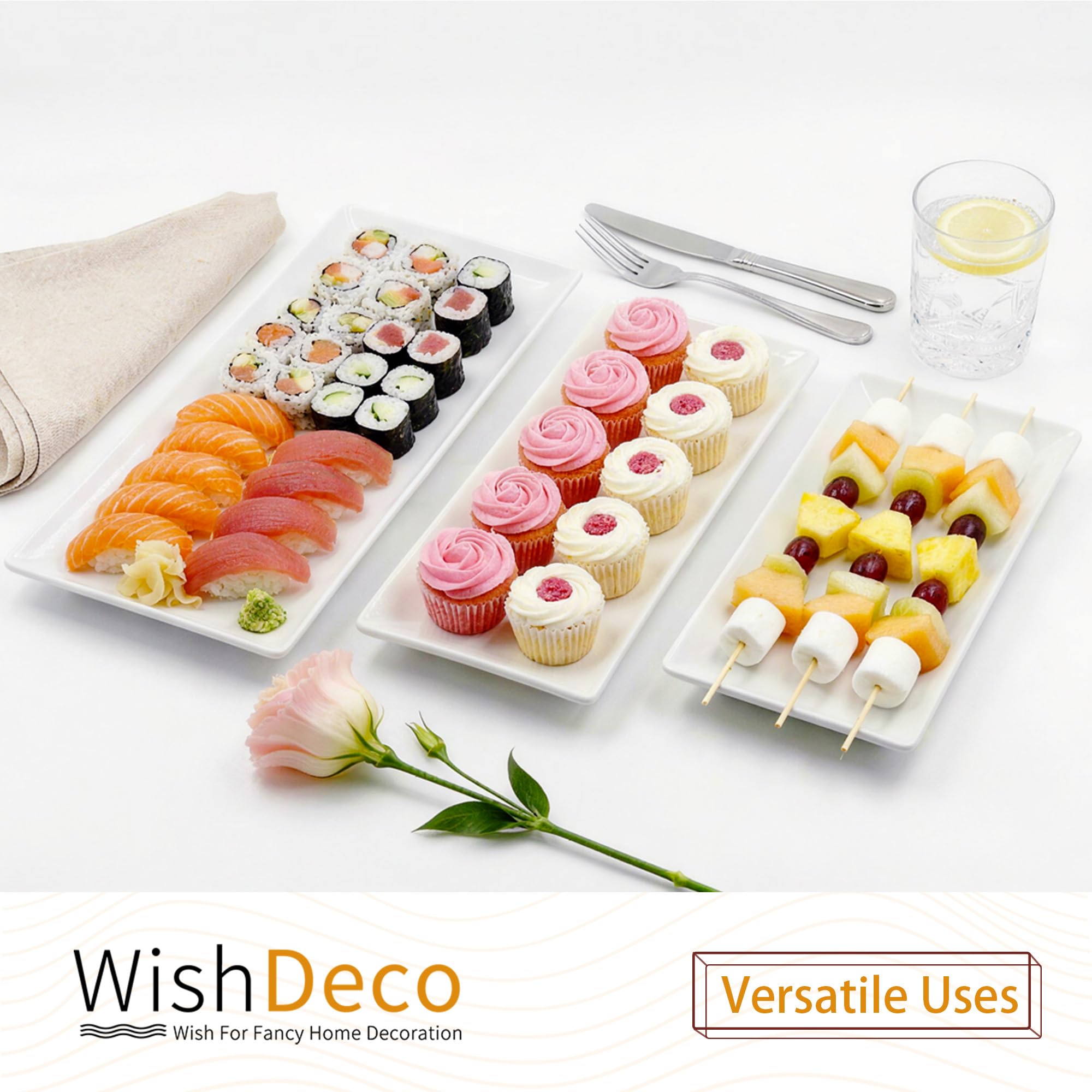 WishDeco Set di 3 piatti da portata in ceramica, piatti rettangolari bianchi da 40/35/30 cm, grandi vassoi da portata da 40/35/30,5 cm, piatti da portata in porcellana, piatti da portata per dessert