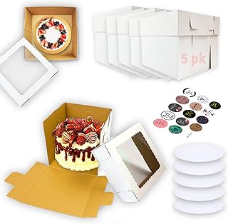 Tall Cake Boxes with Window + Cake Boards for Tier Cakes 12x12x8 inches in 5 Pack White Bakery Pastry Boxes Disposable Cak...
