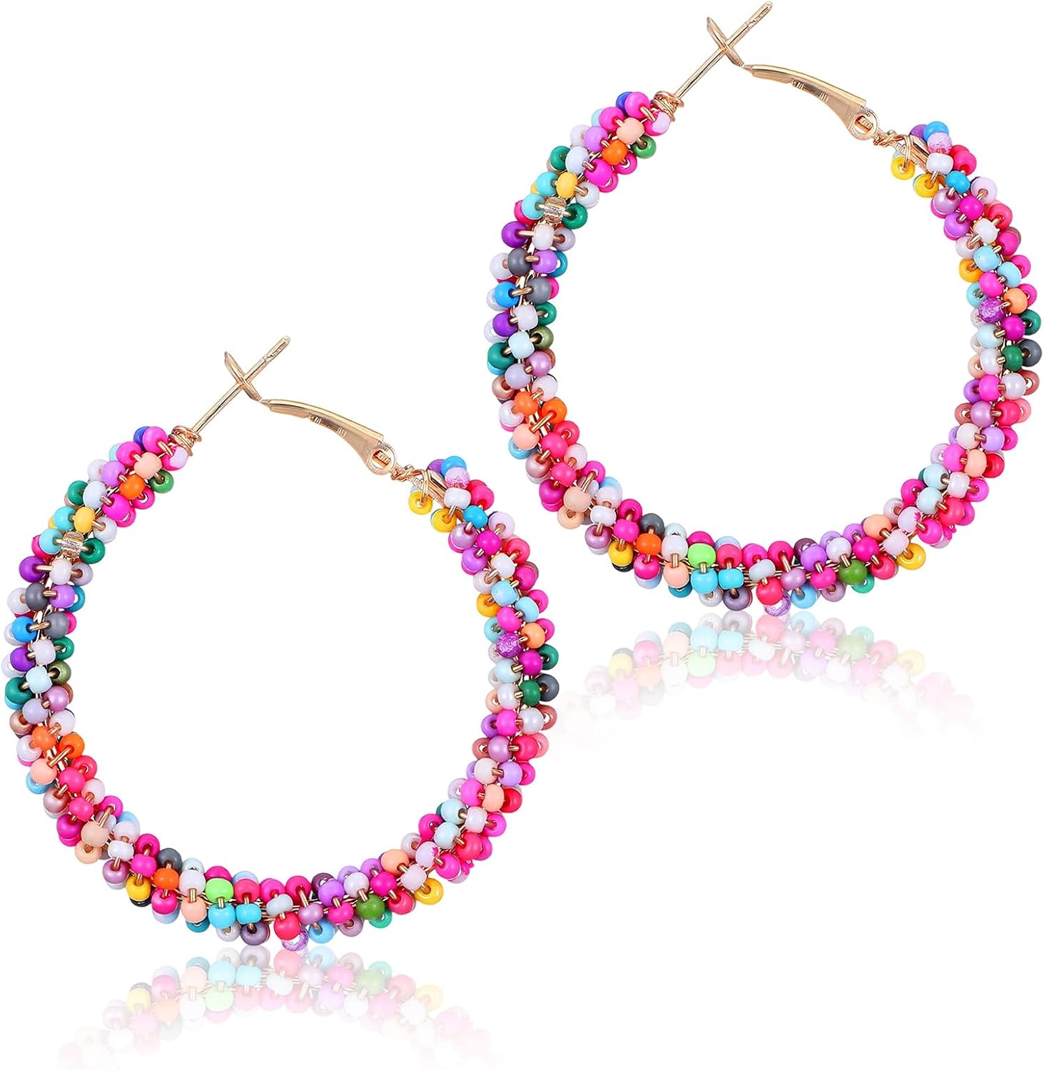 Colorful Beaded Earrings for Women, Boho Flower Hoop Earrings, Boho Trendy Summer Beach Jewelry Gift, Floral Hoop Earring, Plated Gold