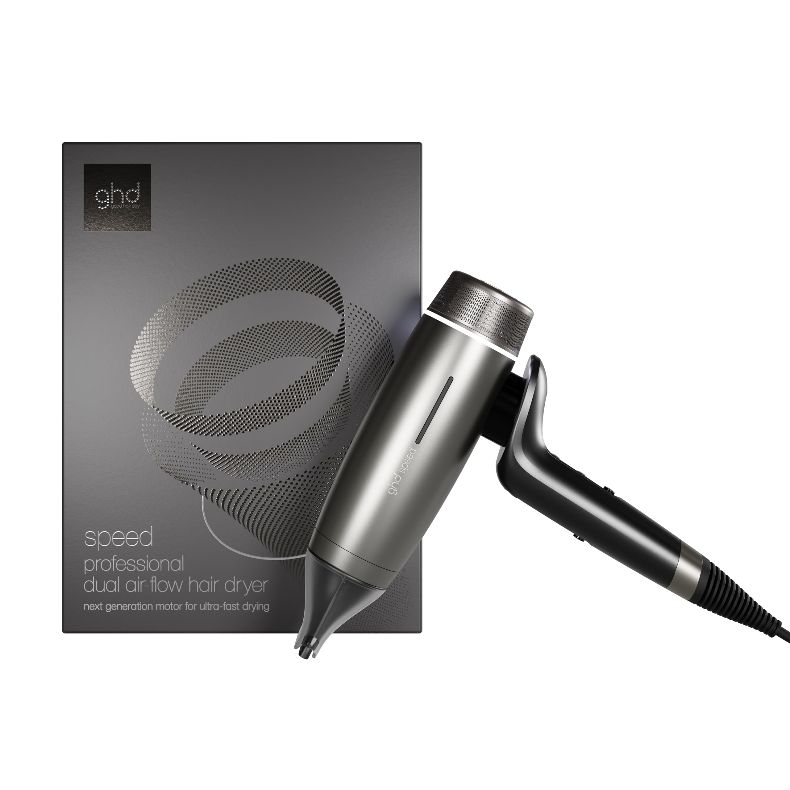 ghd - Sèche-​cheveux ghd Speed - Seche cheveux professionnel (Noir métal). Ultra-​rapide, séchage puissant avec contrôle, sans dommage thermique, frais en racine/​au toucher. Recommandé par les coiffeurs