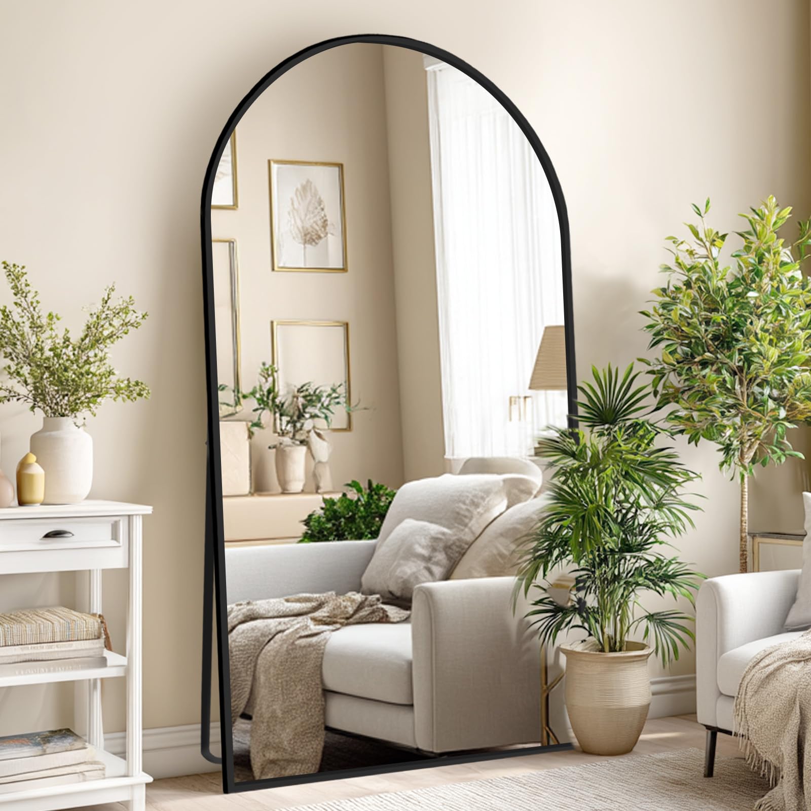 Beauty4U Full Length Mirror Arched Top, 194x94cm Large Free Standing Mirrors, Floor Mirror with Black Aluminum Alloy Frame for Living Room or Bedroom, Hanging or Leaning