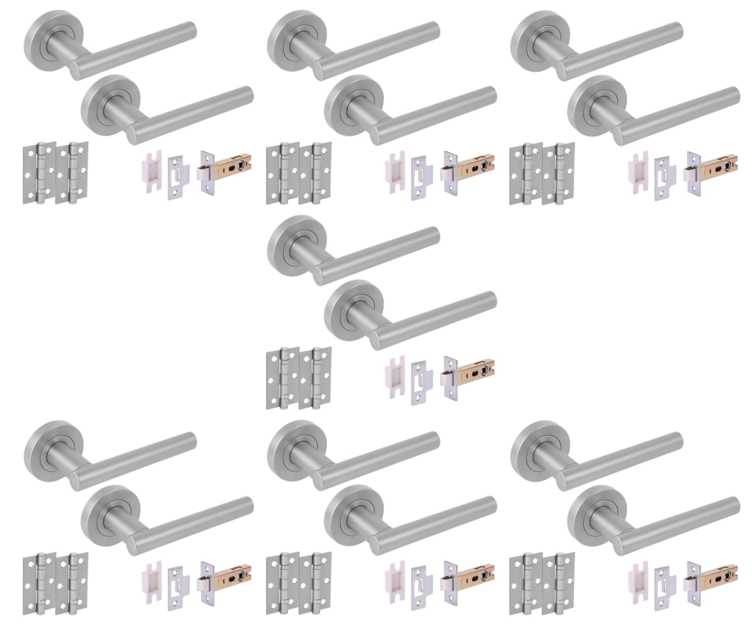 Hunta HANDLEZONE® 7 Sets Solus Internal Door Handles on Rose Lever Latch Packs, 76mm Latch 75mm Ball Bearing Hinges - Satin Chrome — image 1