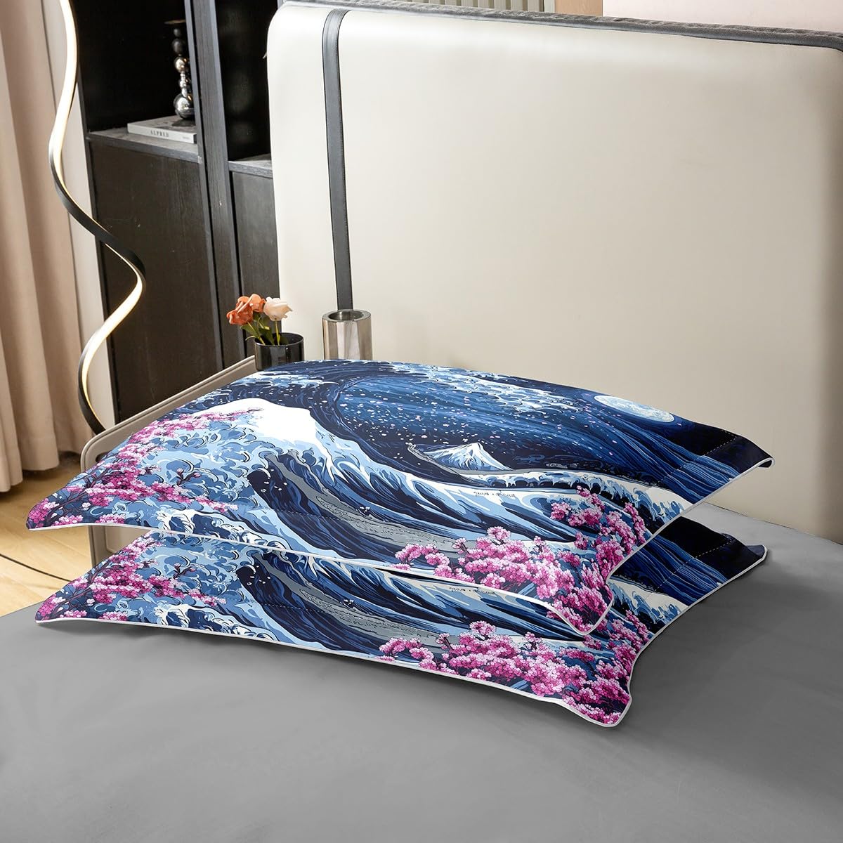 Manfei japanischer Stil Bettwäsche Set Meer Welle Ukiyoe Bettdecke Kirschblüte Ozean Decke Abdeckung Navy Weiß S Größe 100% Baumwolle, 1 Kissenbezug