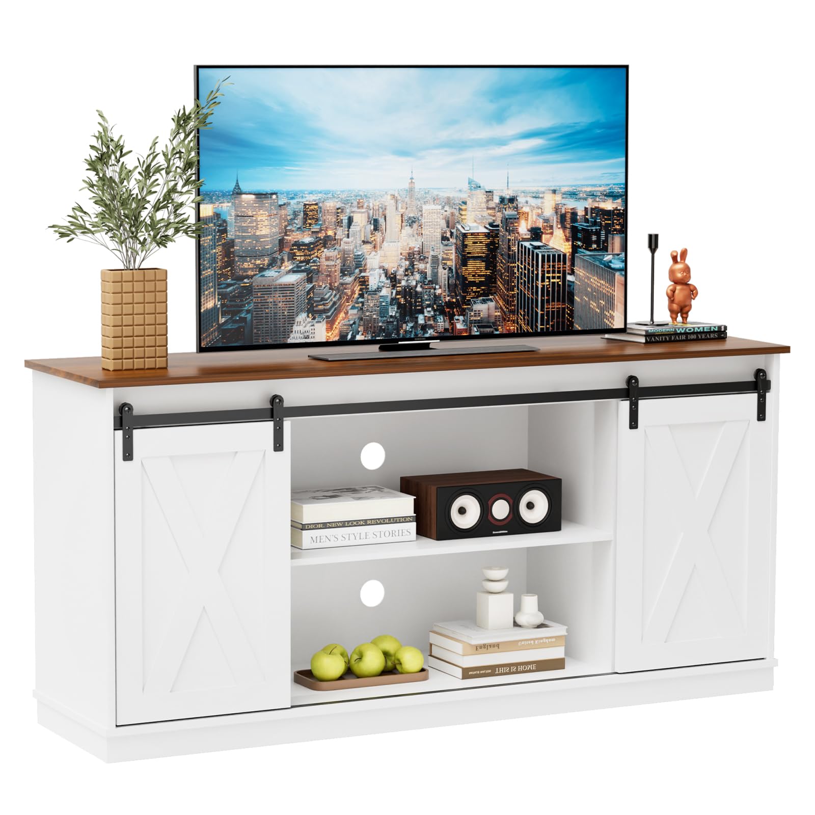 Photo 1 of ** sold as is no refund/return** see comments
Sweetcrispy Farmhouse TV Stand 65 Inch for Living Room Bedroom White, Tall Entertainment Center with Storage Shelves, Media Console Cabinet with Wood Board, 300 LBS Capacity, and Sliding Barn Door