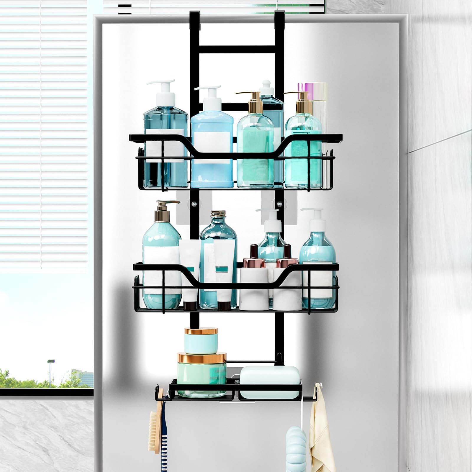 Over Door Shower Caddy Hanging, 3-Tier Rust Proof No Drilling Shower Rack For Bathroom Stainless Steel Shower Shelf Organiser For Soap Shampoo Storage Fits 4cm Thick Doors(Black)