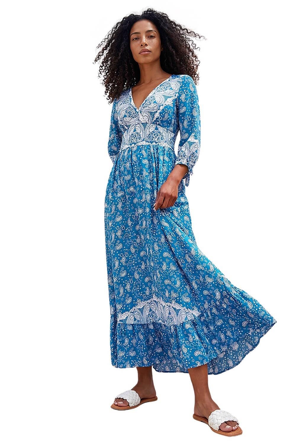 Roman Women's Blue Paisley Print Frill Hem Maxi Dress In Size 18