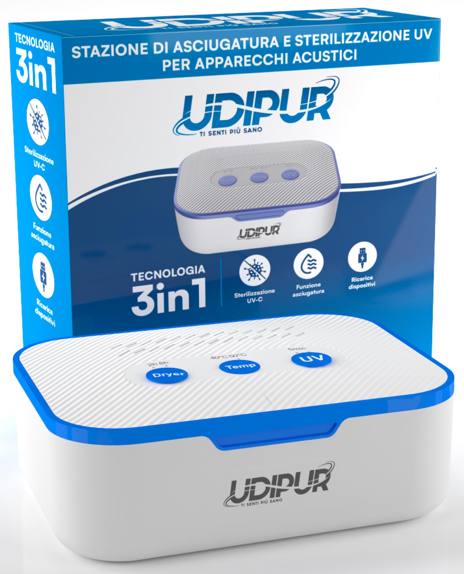 Estación de Secado Udipur para audífonos Esterilización UV y Funciones de Carga 3en1 USB Tipo C Temperatura máxima 50°C - 110x90x40mm