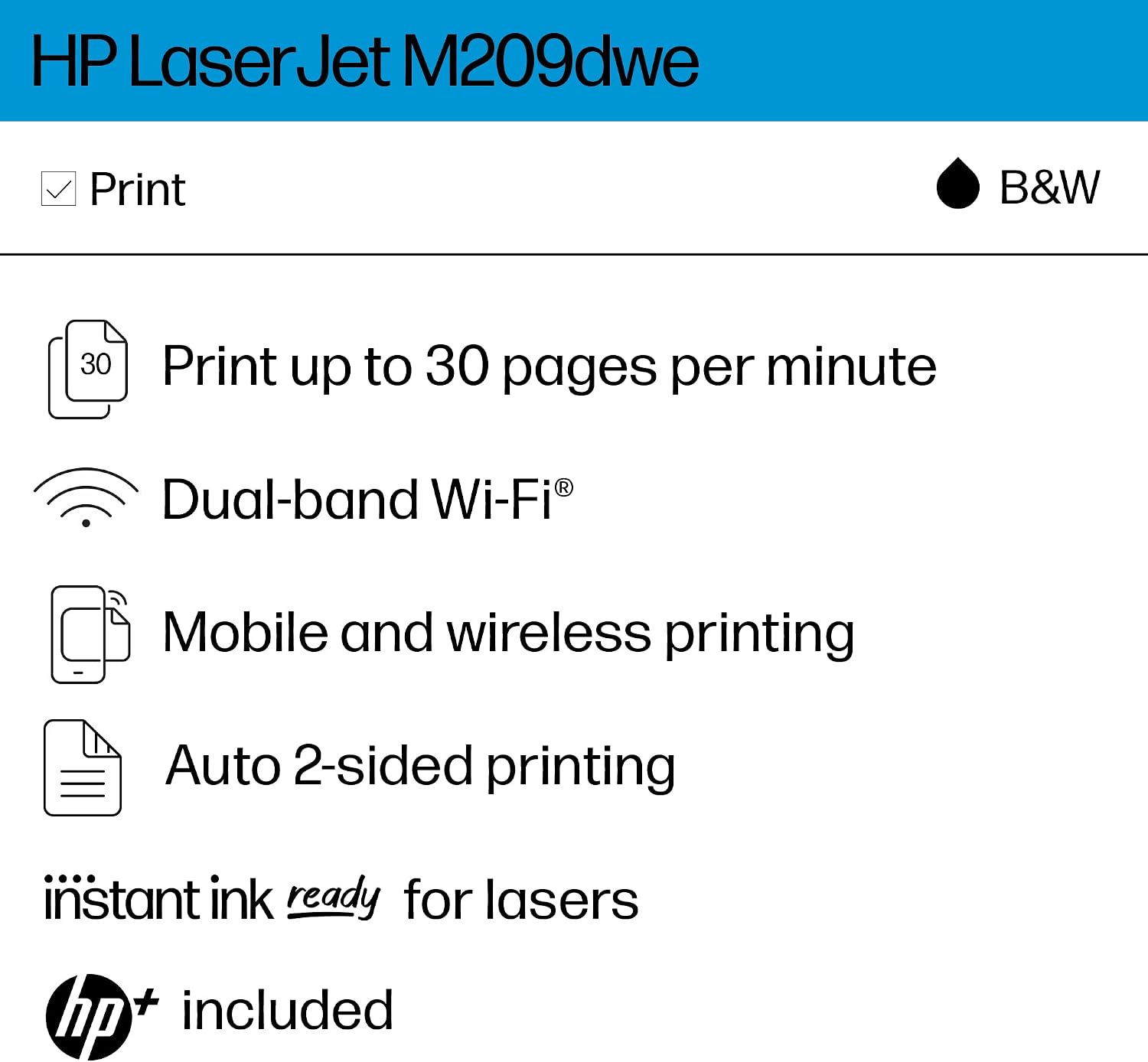 HP LaserJet M209dwe Wireless Black & White Printer with HP+ and 6 Months Free-cartridges (6GW62E)
