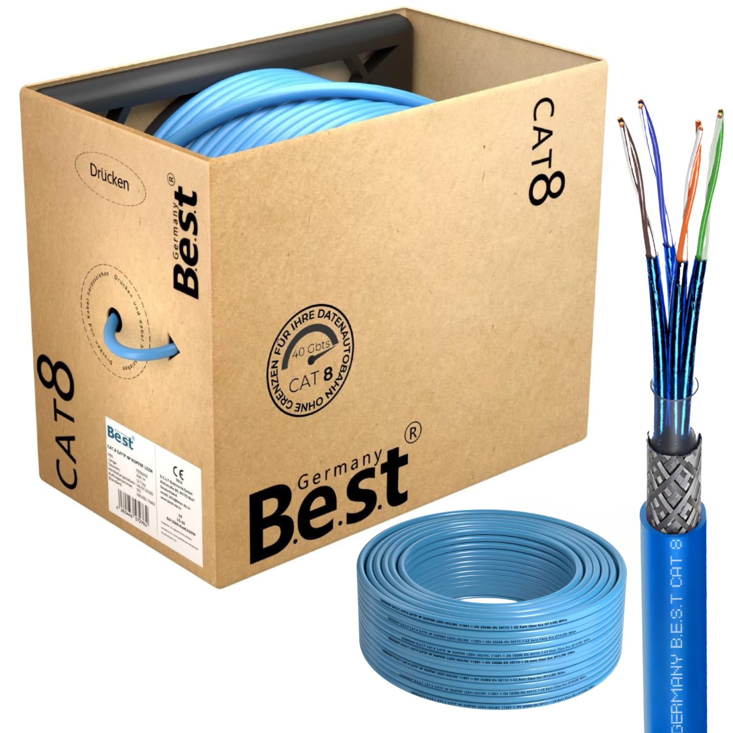 Germany B.e.s.t Cable de red CAT 8, 200 m, sin halógenos, cable de instalación, 40 Gbit/s, cableado CAT8, cable de datos de red CAT8.1 LAN