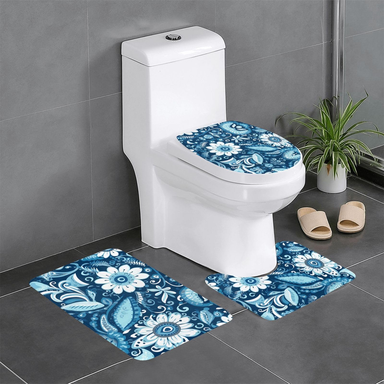 Tapis de salle de bain antidérapants bleu bohémien lot de 3 pour toilettes et coiffeuse