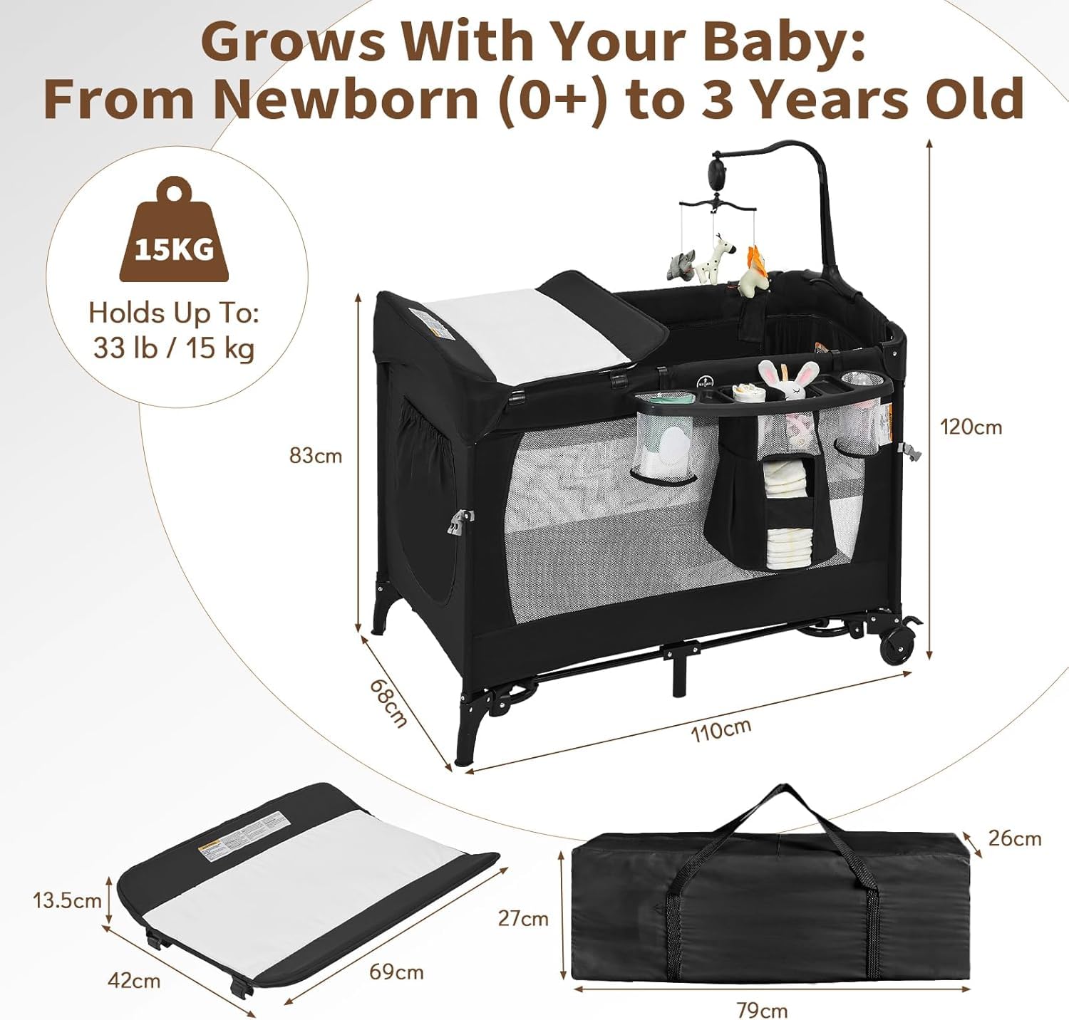 Garvee Babybett und Reisebett Baby mit Matratze, 5-in-1 klappbar Wiegefunktion Beistellbett Wickeltisch Spieluhr, Automatische Wiege Zum Einschlafen, mit Rollen atmungsaktive Netzfenster bis 15 kg