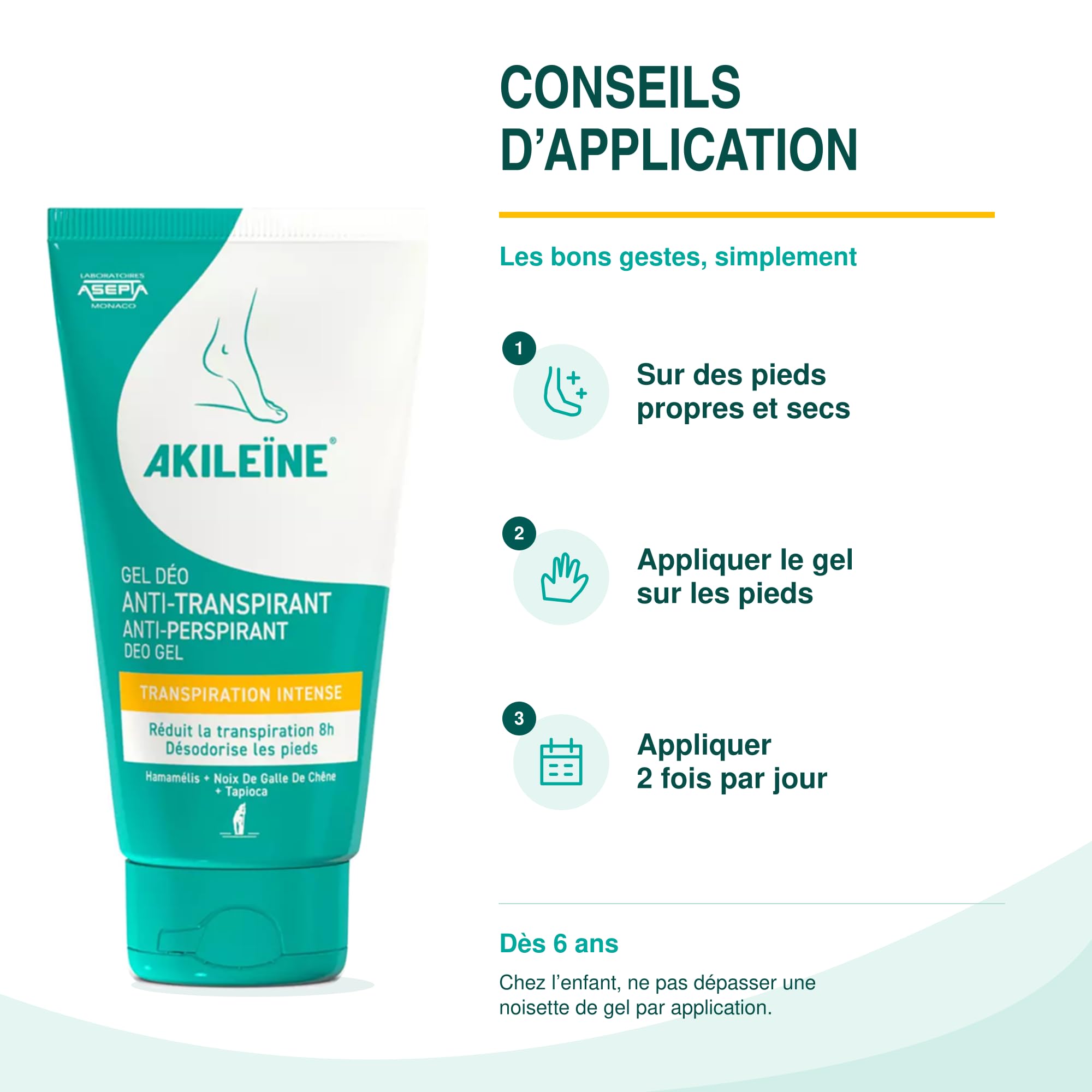 AKILEÏNE | Gel Deodorante Antitraspirante | Riduce la sudorazione intensa e offre una deodorazione a lunga durata | Comfort prolungato | Pelle sensibile | Dai 6 anni in su | 75 ml