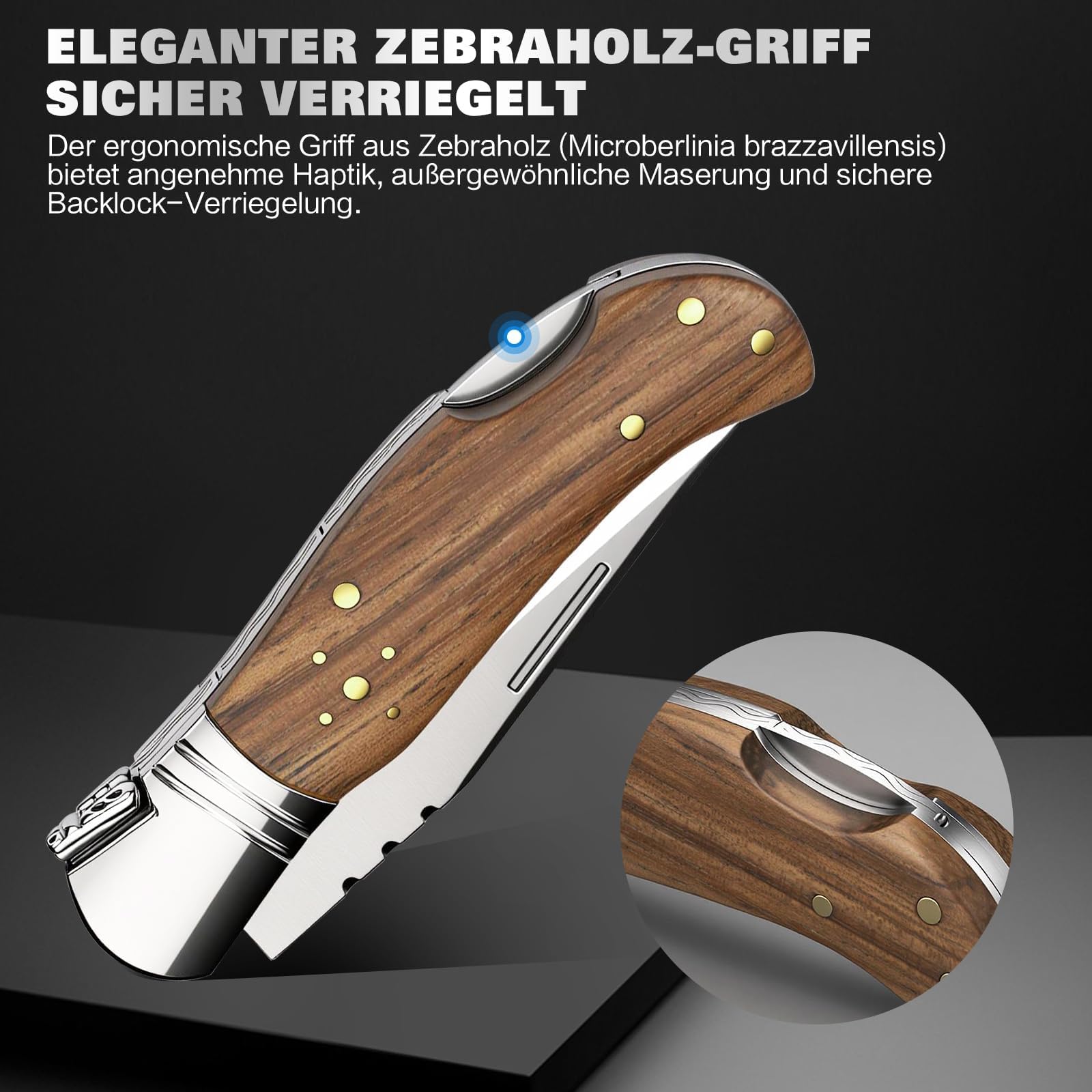 Couteau pliant QS1, couteau de poche en acier 440C avec verrouillage Lockback, poignée en bois de zébré, gaine en cuir, idéal pour le camping et les activités en plein air
