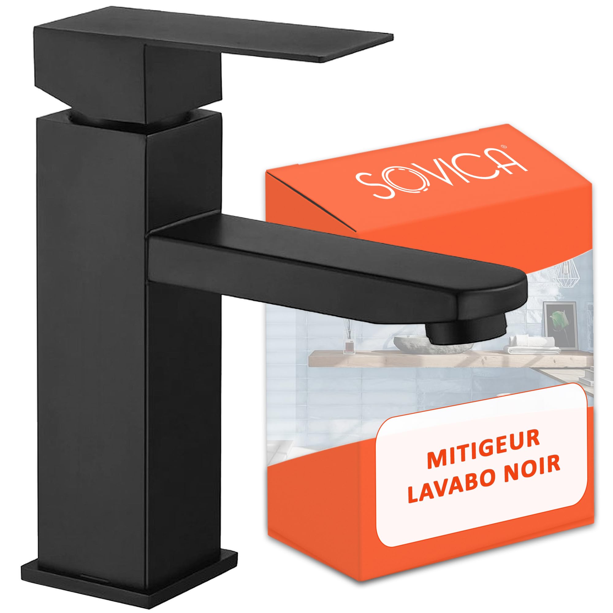 Robinet lavabo noir mat anti-trace avec mitigeur acier inoxydable et 2 tuyaux