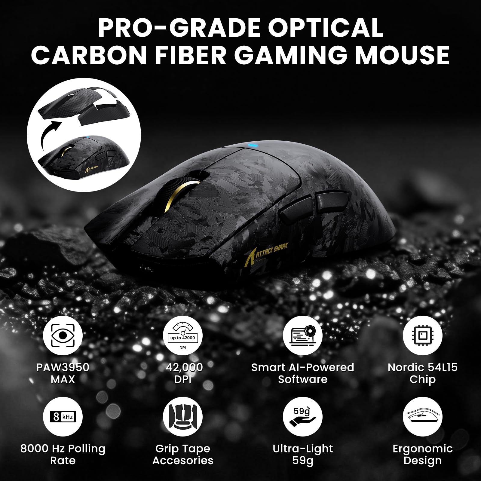 ATTACK SHARK Déclencheur rapide en fibre de carbone 8000 Hz Clavier de jeu magnétique filaire remplaçable à chaud, 42K DPI PAW3950 MAX TRI-Mode, souris sans fil Polling 8K, éclairage RVB Câble spiralé