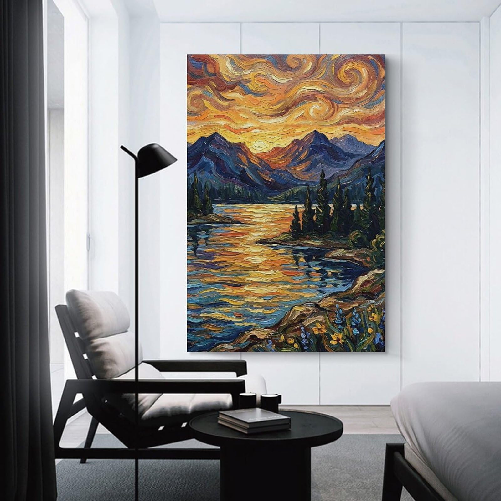 Junmoney Wall Decor Canvas Print Impressionistic Mountain Lake at Sunset Painting, 20x30inch(50x75cm), for Bedroom Walls, Guest Spaces Or Lounges, Decorative Wall Art for Cosy Rooms