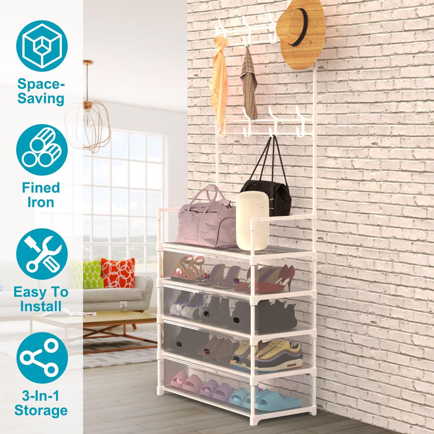 5-Tier Dustproof Tree Coat, Hats and Shoe Rack Organizer with 8 Removable Hooks - Freestanding Organizer for Front Door Bedroom Entryway - 13.8in (L) x 30.3in (W) x 66in (H)