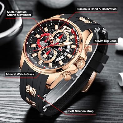 MF MINI FOCUS Men Watch Casual Fashion Wrist Watches (Chronograph/Waterproof/Luminous/Calendar) Silicon Band Quartz Watches for Men