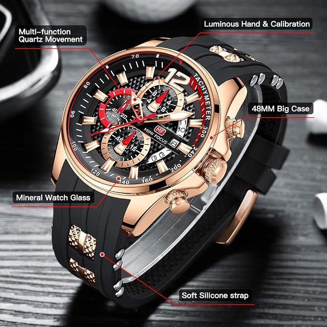 MF MINI FOCUS Men Watch Casual Fashion Wrist Watches (Chronograph/Waterproof/Luminous/Calendar) Silicon Band Quartz Watches for Men