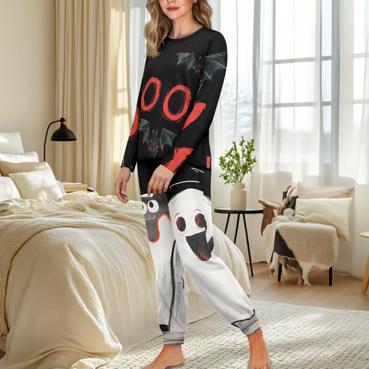 FOR U DESIGNS Plus Size Family Matching Halloween Pajamas Sets Cotton Long Sleeve Round Neck Sleepwear with Pockets
