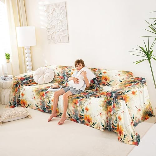 Vista 4 de Erosebridal Dragonfly Couch Cover 71" x 102",Flying Dragonflies Sofa Cover,Watercolor Flowers Couch Protector,Garden Wildlife Sofa Slipcover