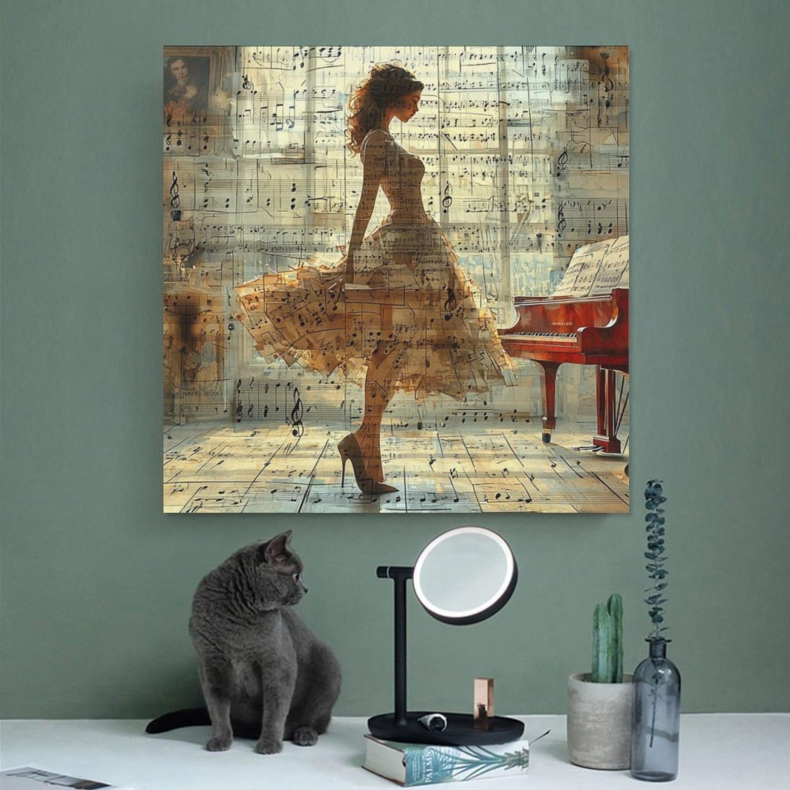 Decorazione da parete per sala musicale, poster con pianoforte e donna, poster su tela, decorazione per camera da letto, ufficio, stanza, regalo, 61 cm di lunghezza x 61 cm di larghezza