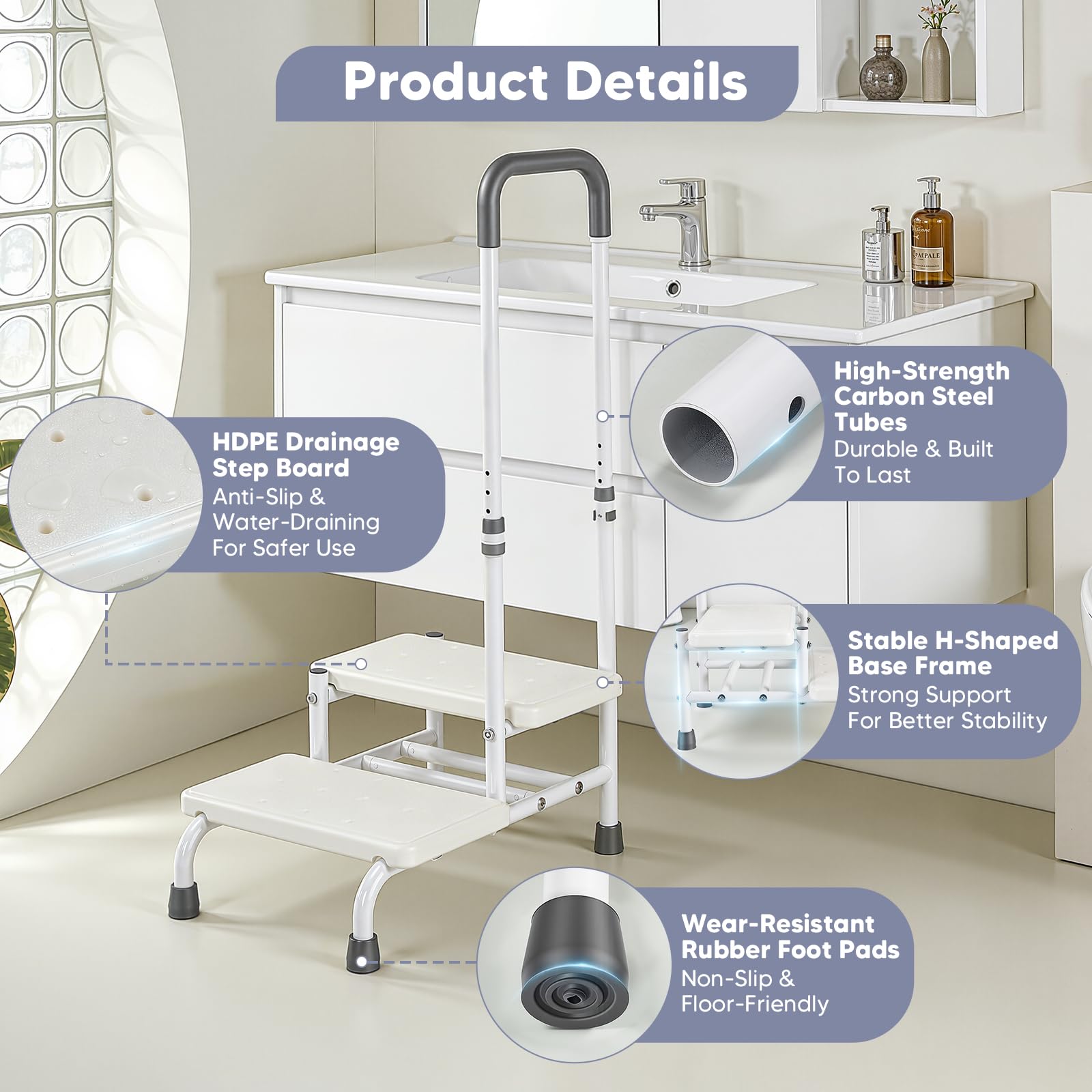 Scaletta da bagno con maniglione di supporto per anziani | Altezza regolabile in 5 posizioni (89-100 cm) | Sgabello a 2 gradini, portata massima 135 kg | Antiscivolo, ideale per vasca da bagno cucina