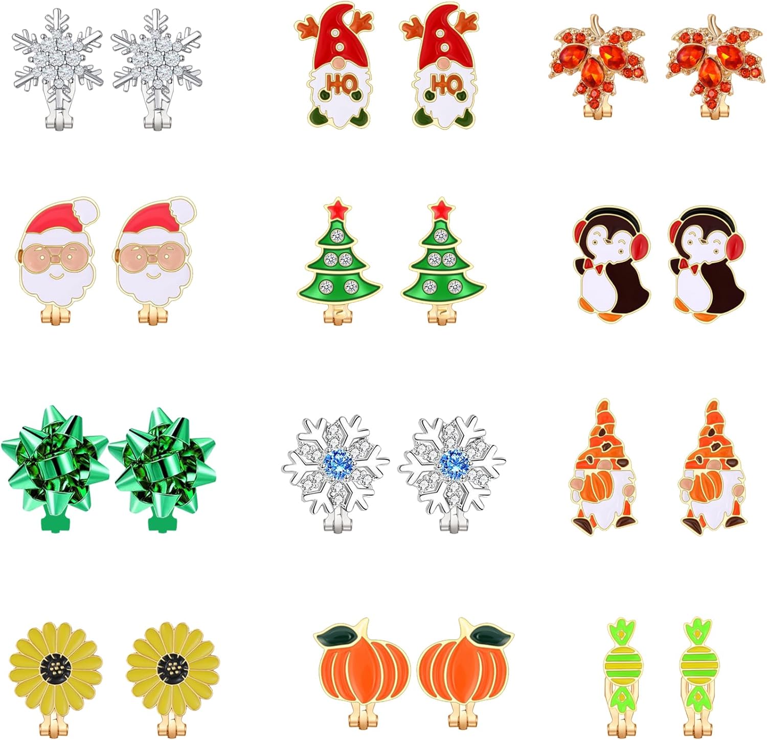 12 Pairs Christmas Thanksgiving Clip on Earrings Set for Teen Girls Women Holiday Earrings Bulk Snowflake Penguin Christmas Tree Bow Gnome Winter Clip Earrings Fall Pumpkin Leaf Earrings Jewelry Gifts