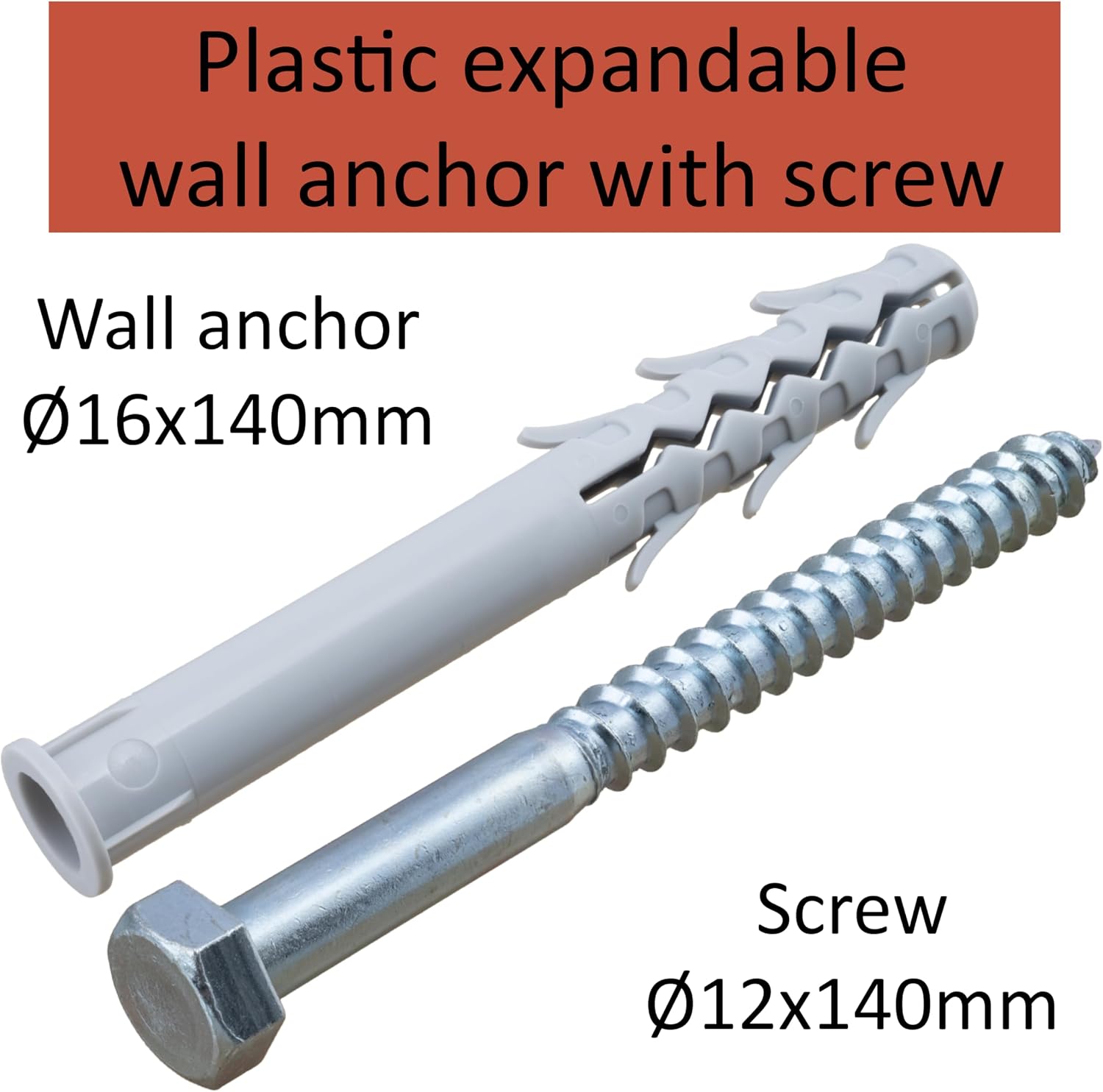 AERZETIX - C57451 - Set of 2 plastic dowels with flap flange Ø16x140 mm + 2 screws Ø12x140mm with 6 sides imprint - steel - silver