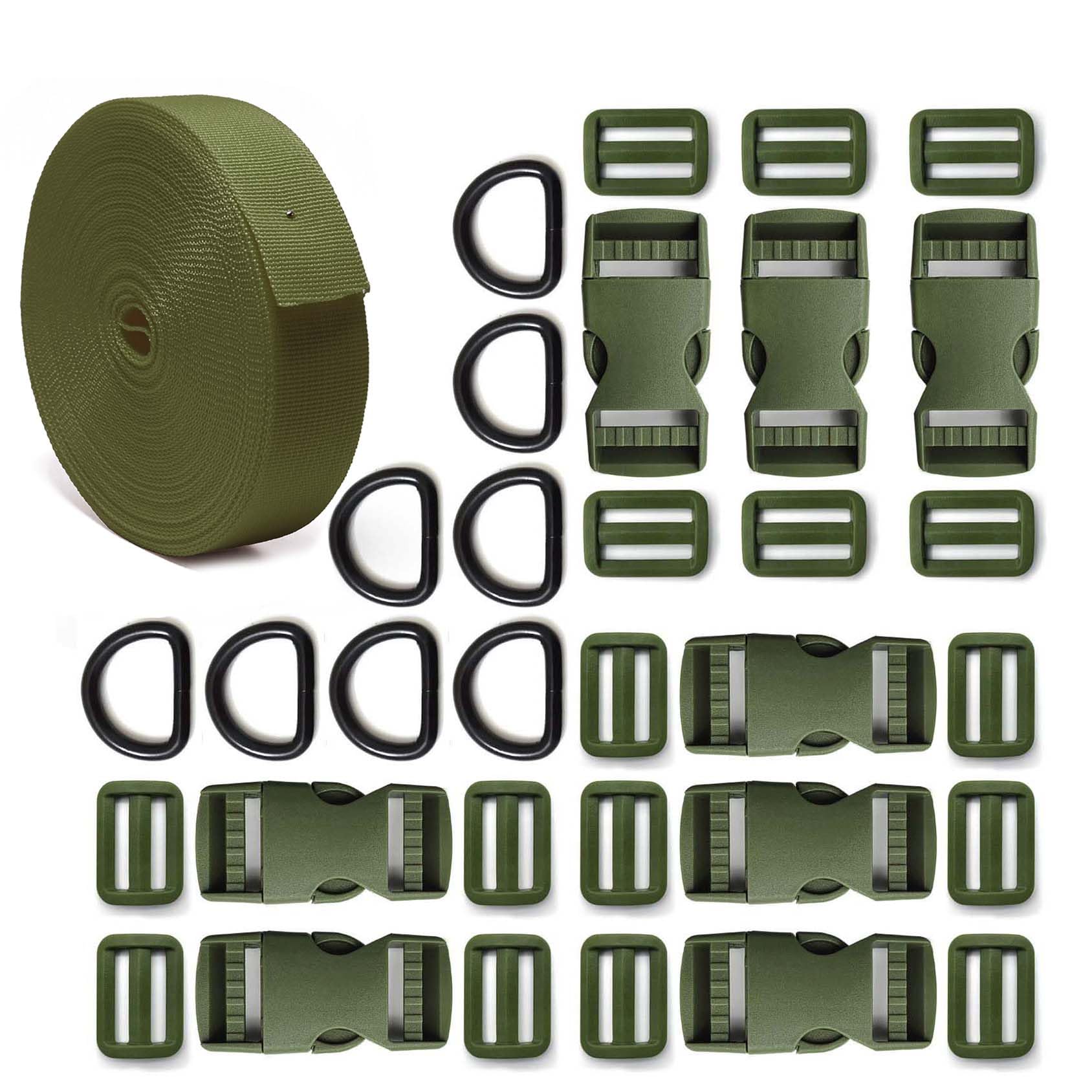 ONE WVW PIN 1 inch Buckle Strap Set with 10 Yards Nylon Webbing, 8 Pcs Metal D Rings, 8 Pcs Quick Side Release Plastic Buckles, 16 Pcs Tri-glide Slide