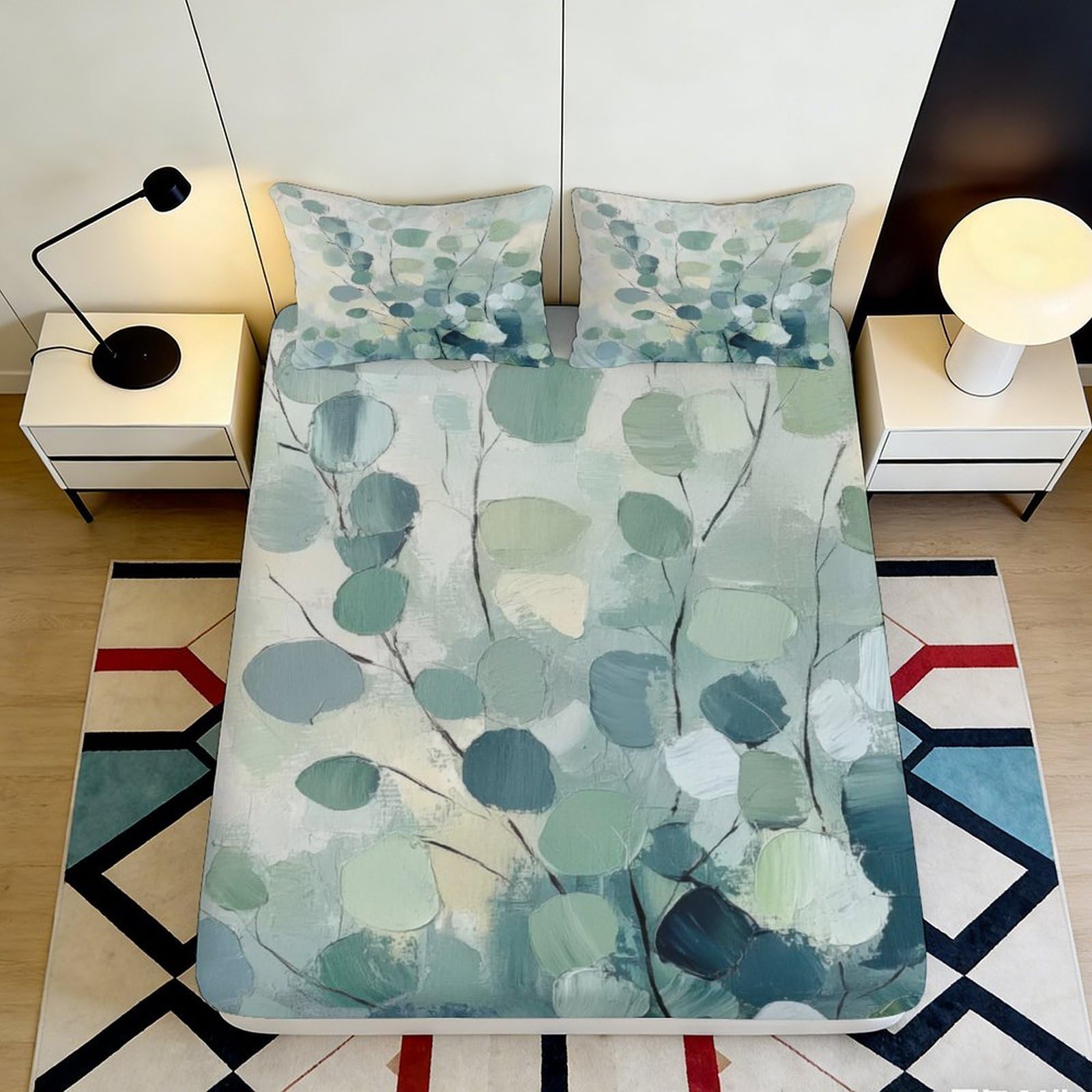 Pnayamiorkfel Style-1 3D Printed Abstract Green Leaf Fitted Sheet Microfiber Soft Bed Cover For Bedroom Guest Room Dorm Decorative Mattress 90X200x25cm