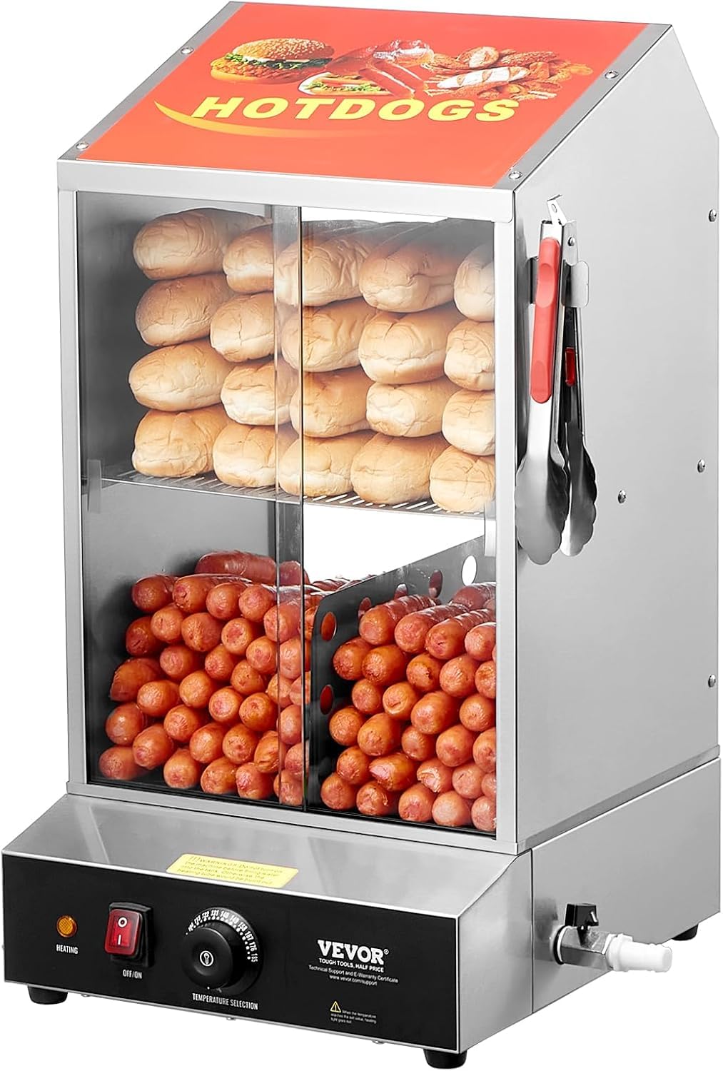 VEVOR Hot Dog Steamer, 36L/32.69Qt, Classic Hut Steamer for 96 Hot Dogs & 30 Buns, Electric Bun Warmer Cooker with Drop Down Door Acrylic Window Partition Plate Food Clip PTFE Tape, Stainless Steel