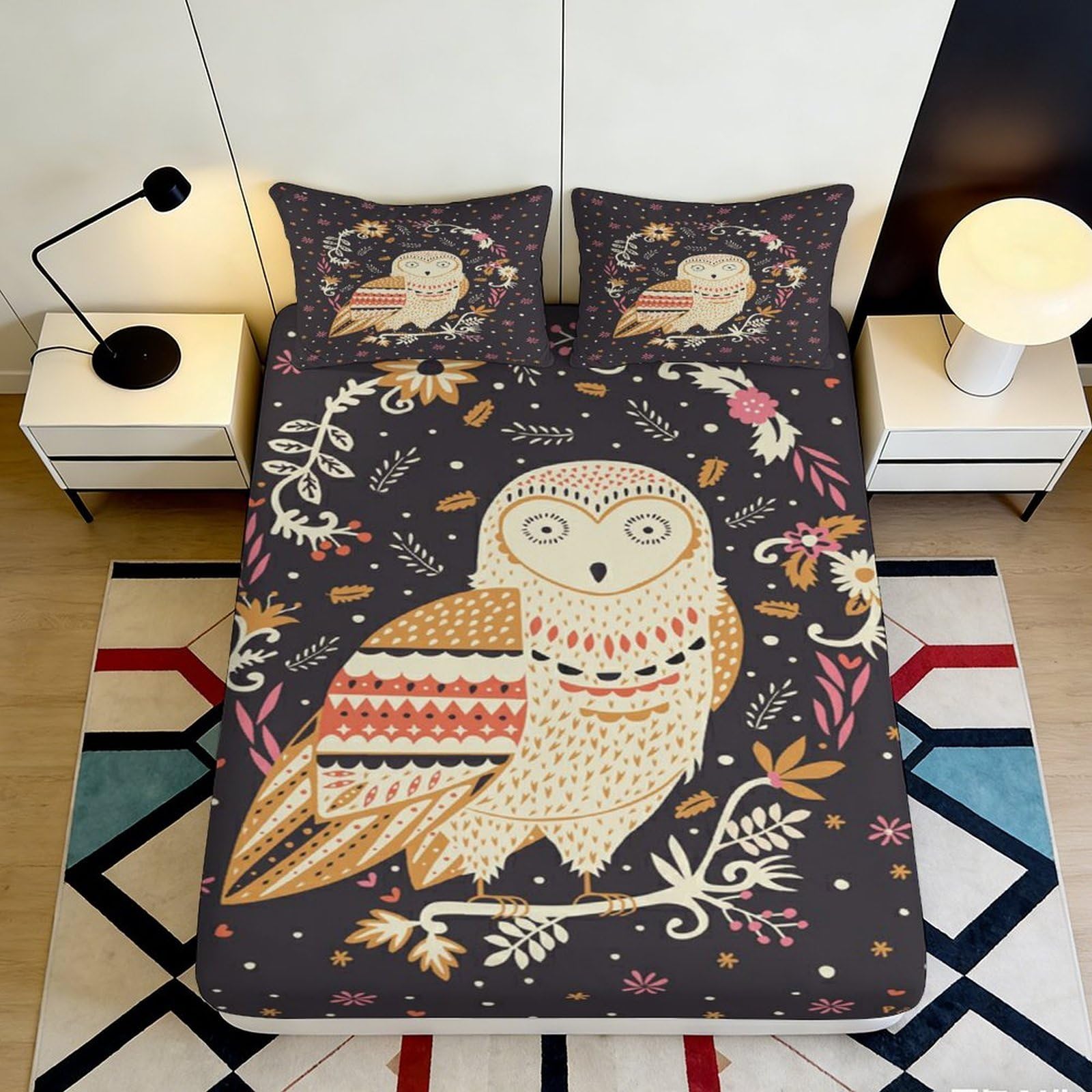 3D Printed Owl Pattern Fitted Sheet Microfiber Soft Breathable Floral Bed Cover for Bedroom Dormitory Guest Room Mattress Protection 180x200x25cm