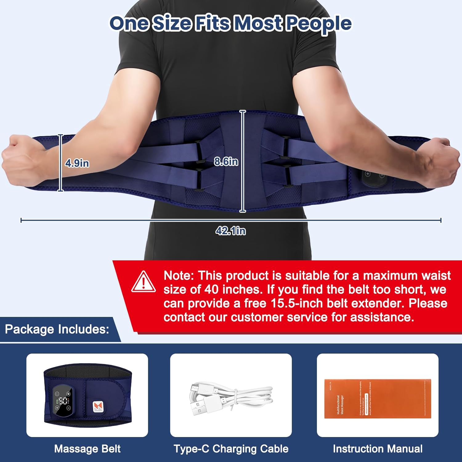 Cordless Heating Pad for Back Pain Relief,40" Rechargeable Lumbar Massager with Heat, Adjustable Vibration & Heating Belt for Waist, Abdomen, Muscle Relaxation - Portable and Comfortable (Dark Blue) - Image 2