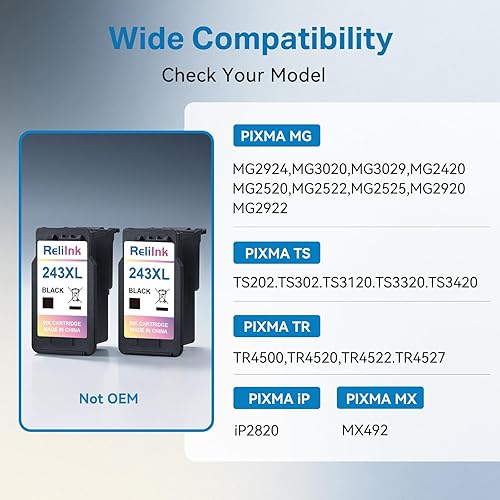 Miniatura 3 de ReliInk - Cartuchos de tinta negra 243XL, repuesto para Canon PG-243, 245 y 245XL, compatibles con impresoras MG2522, MG2922, TR4520, TR4522