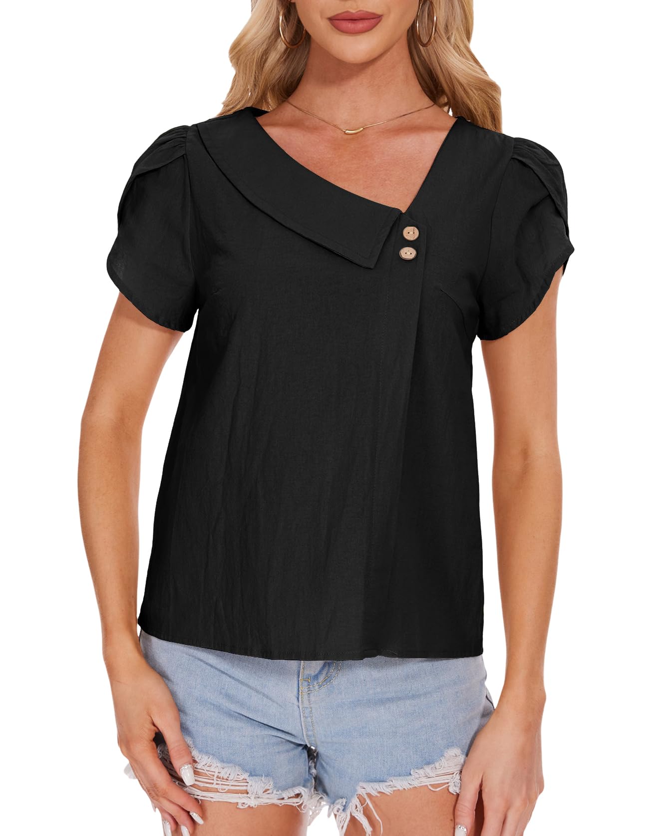Atxnn Blusa Mujer de Algodón Camiseta con Cuello en V Inclinado Camisa de Manga Corta Pétalo Tops Elegantes de Verano