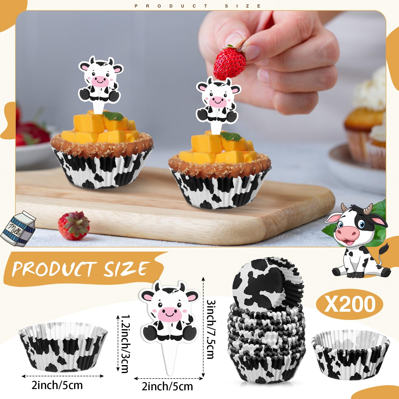 Vesici 200 Counts Cupcake Liners and 200 Counts Cupcake Toppers Round Baking Cups Greaseproof Muffin Liners for Graduation Wedding Baby Shower Birthday Theme Party Supplies(Cow)