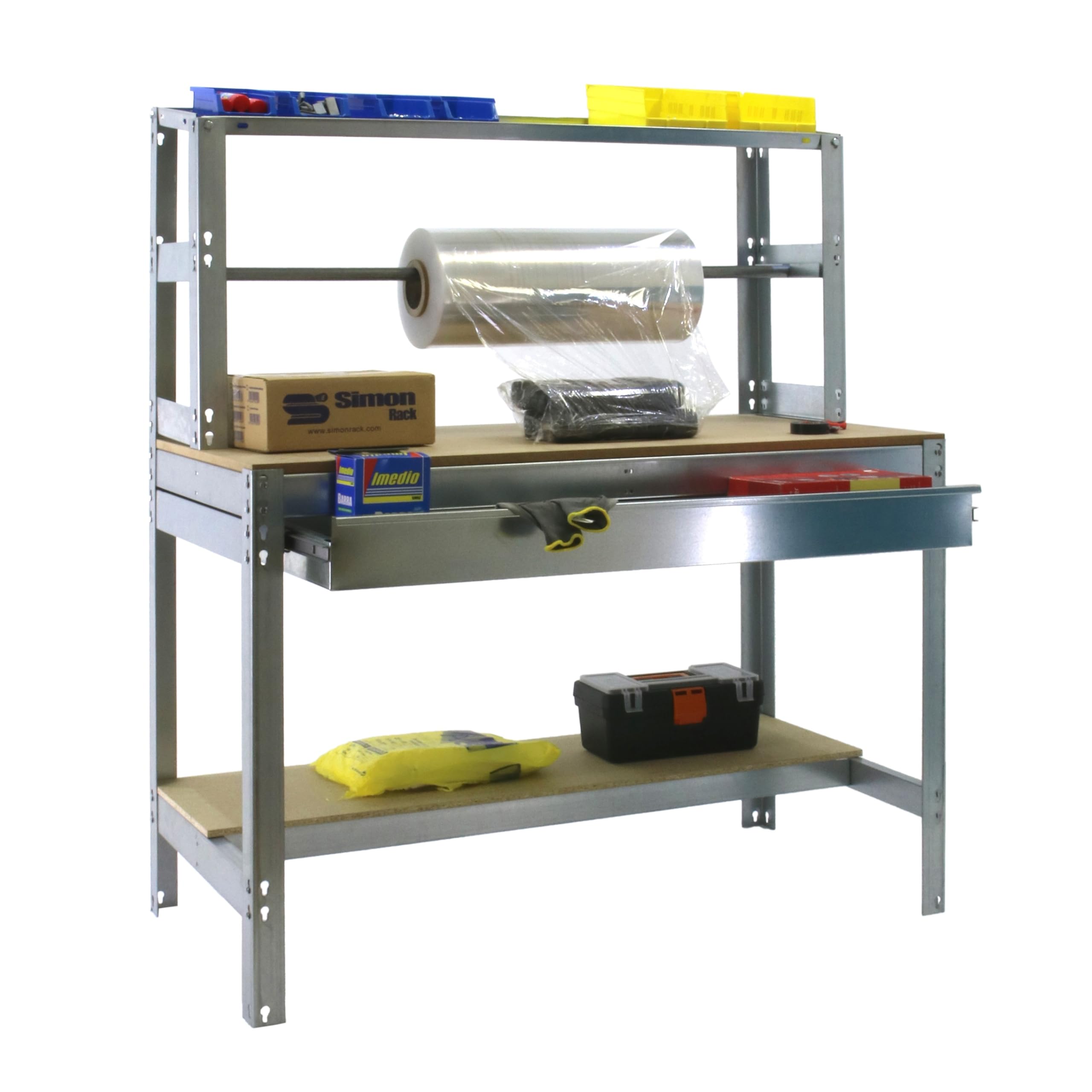 Simon Rack Banco de Trabajo con Porta Rollo y cajón 910x760 mm - BT4 | Tablero madera 16 mm, Capacidad Carga 400 kg, Galva , Pintura anticorrosión, Montaje sistema clic