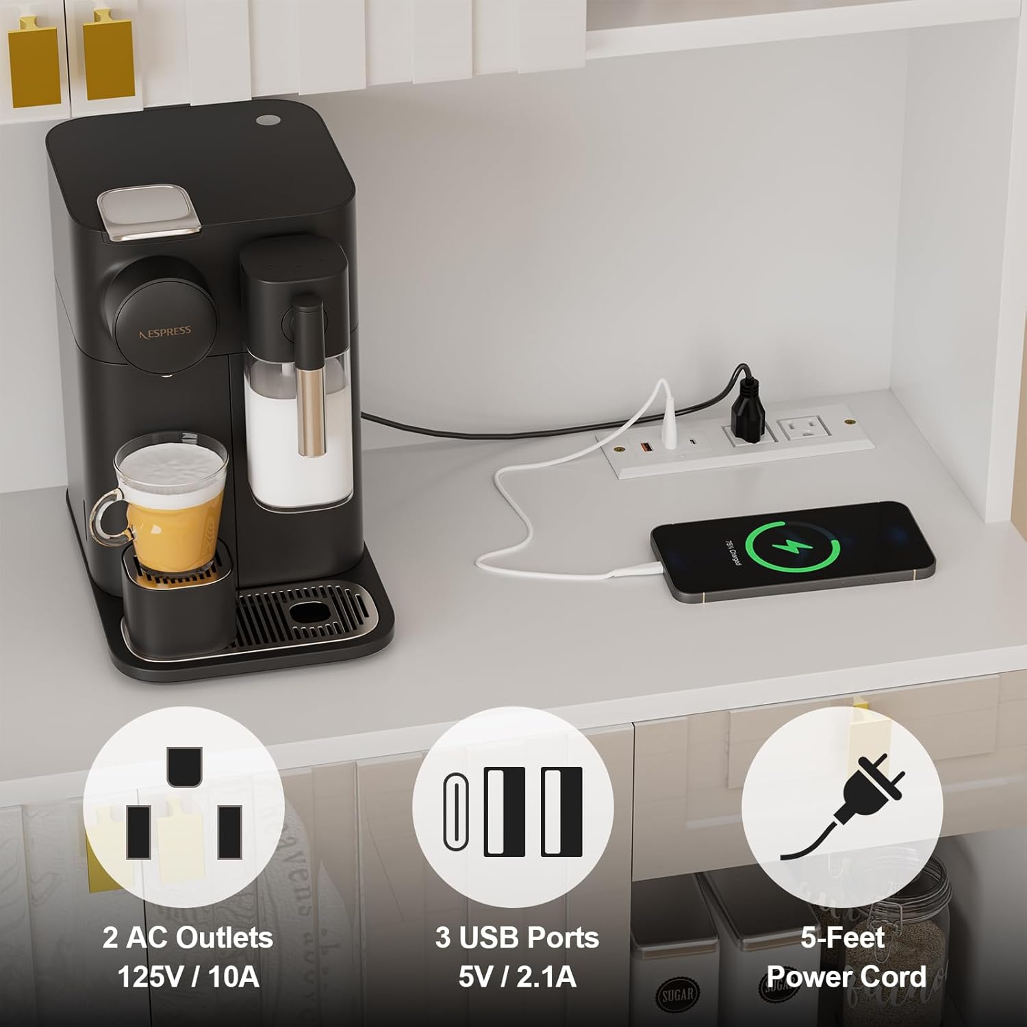 White Kitchen Pantry Cabinet, 71" Hutch Cabinet with Countertop & Power Outlet & Adjustable Shelves, High Gloss Wood Buffet Cabinet with Microwave Stand for Living Room, Dinning Room