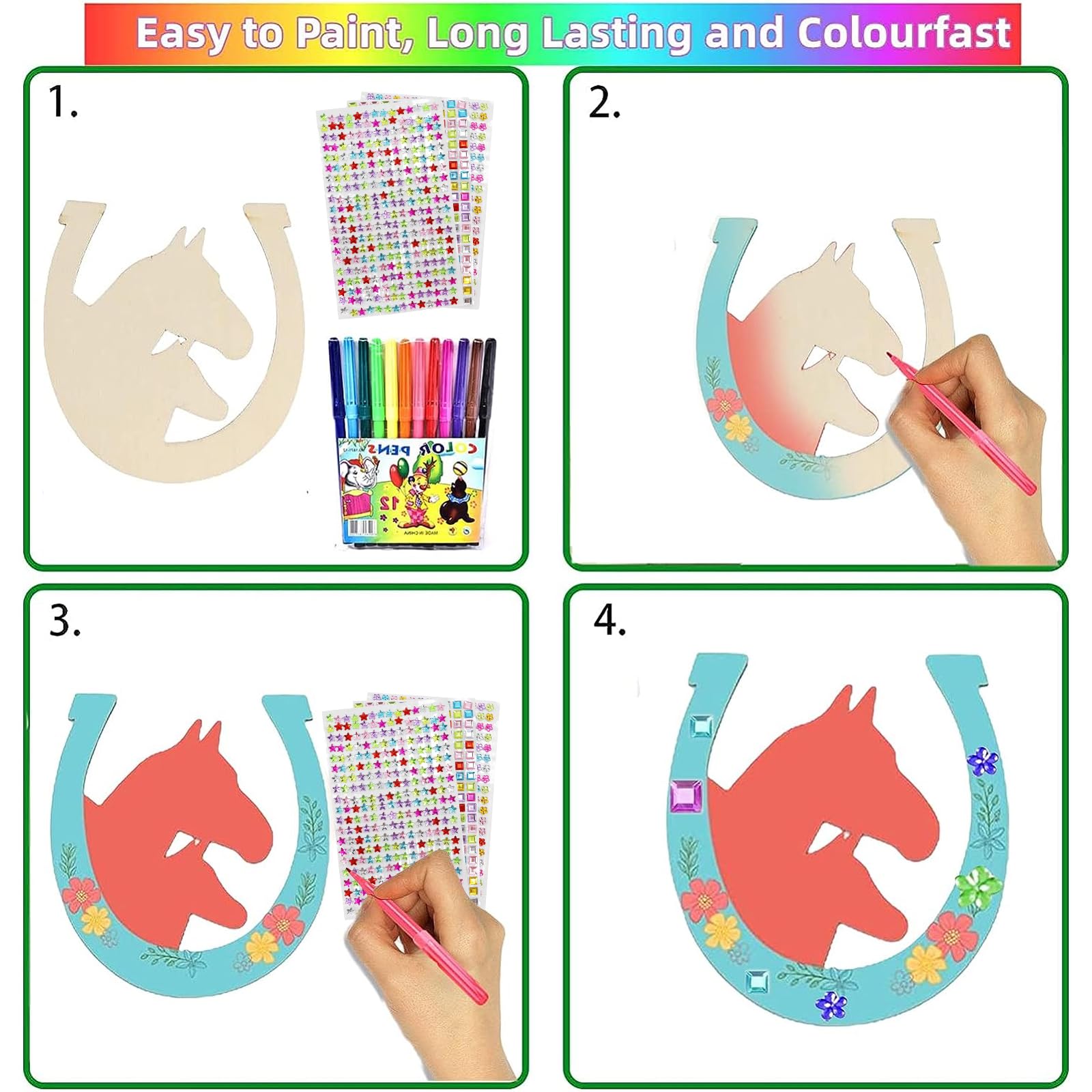Lot De 24 Fers à Cheval En Bois – Formes Variées – Kit DIY Peinture – Crayons Et Strass Inclus – Anniversaire, Décoration