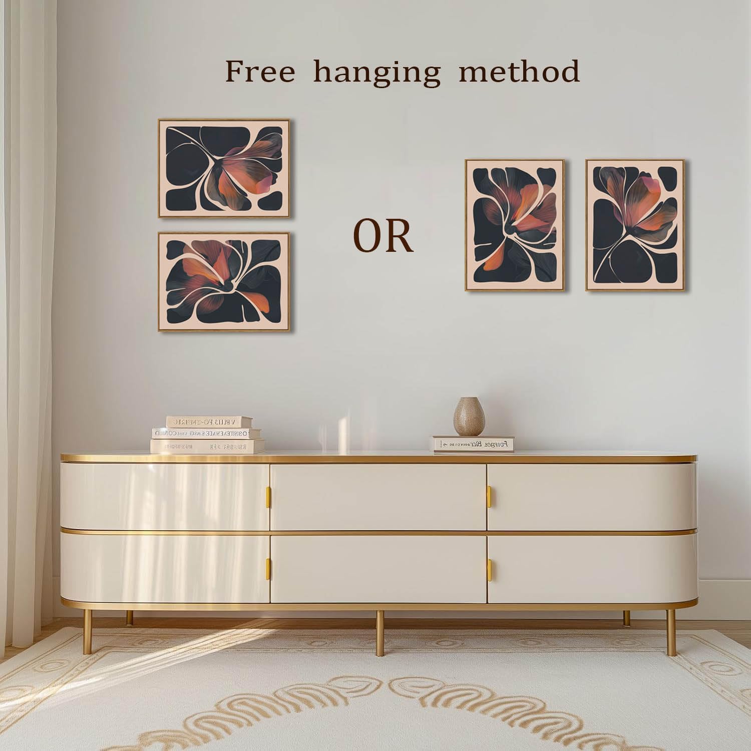 Framed 2pcs Boho Wall Art Canvas Orange and Black Abstract Floral Mid Century Modern Wall Decor Flower Botanical Prints Posters Pictures for Living Room Bedroom Home Decor 16"x12"x2