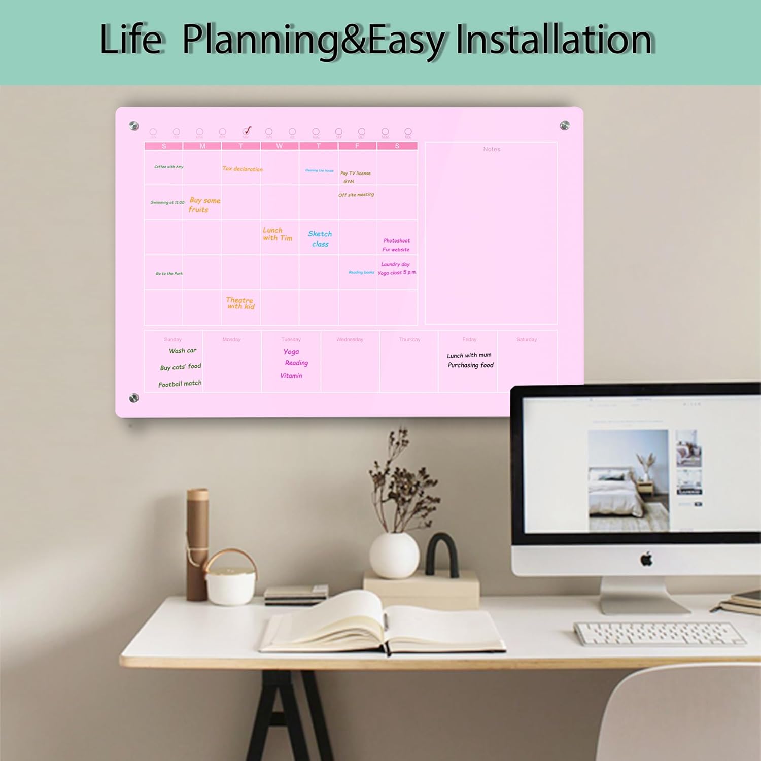 Large Acrylic Calendar for Wall,24"X16",Acrylic Dry Erase Calendar for Wall,Pink Dry Erase Board for Home/Office